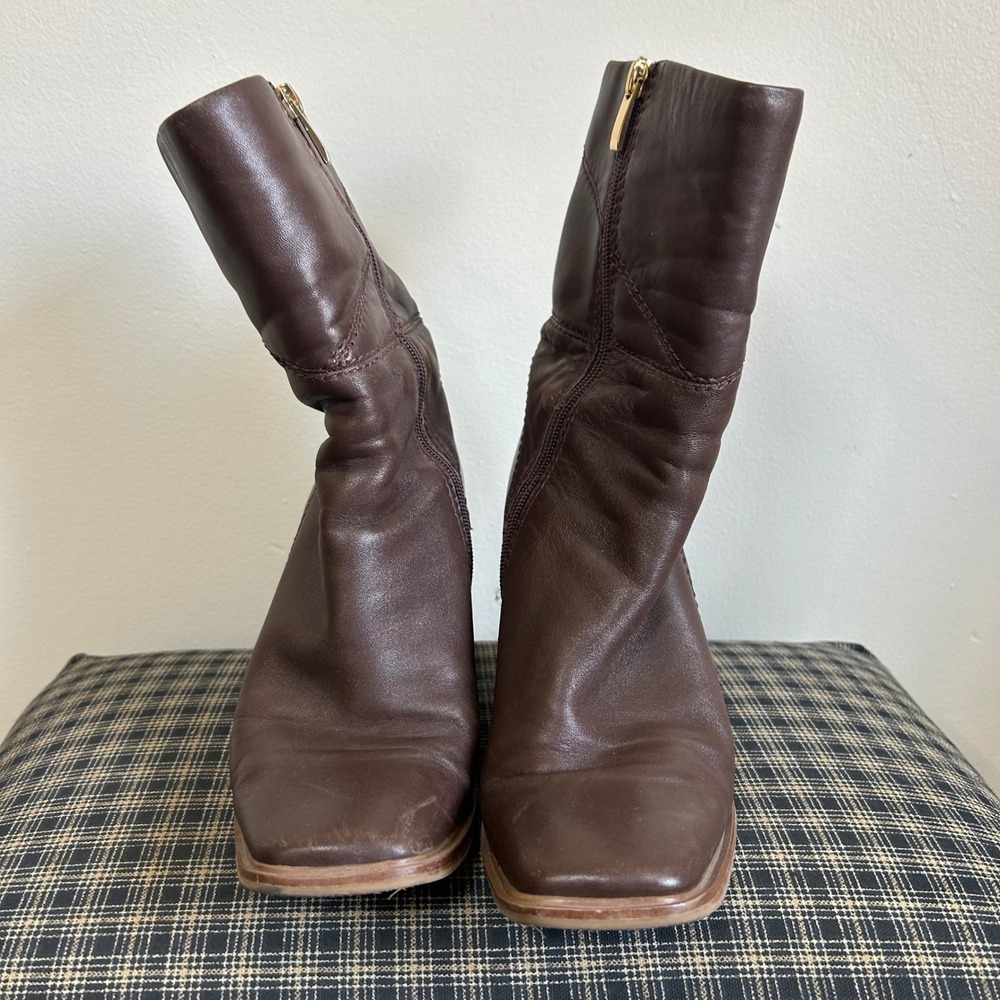 GUC Franco Sarto Leather‎ Ankle Boots Size 8.5 Brown Square Toe Block Heel - Picture 3 of 6